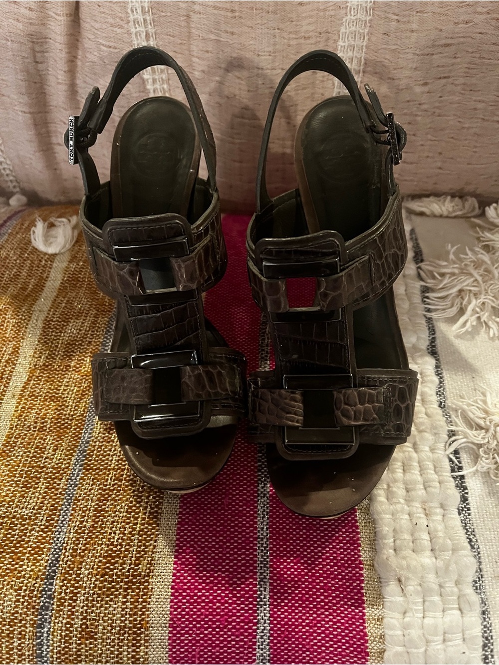 Tory Burch Gray Croc-Embossed Slingback Heels